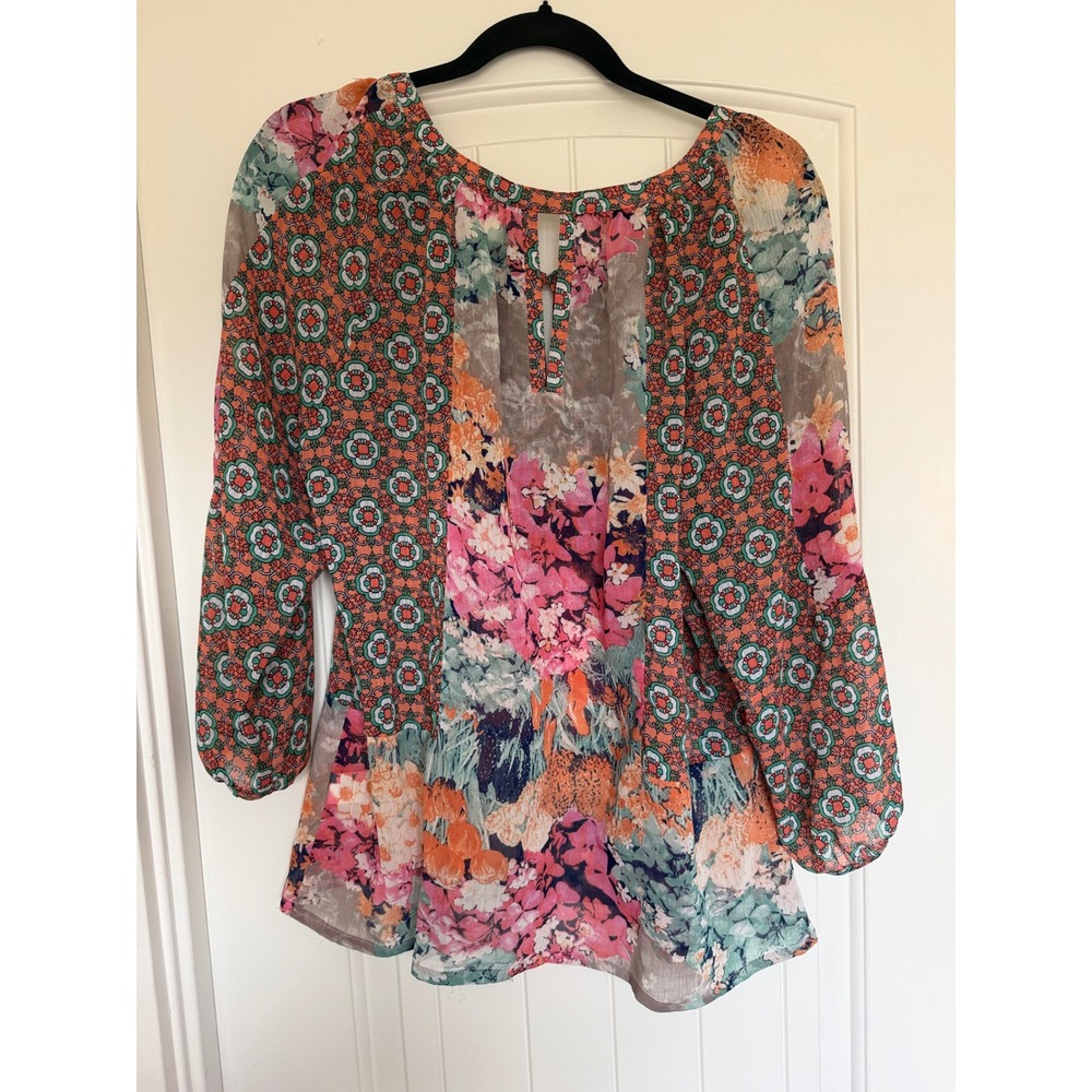 Fig and Flower Boho Peasant Blouse Tunic Top Patchwork Floral Print Hippie Large